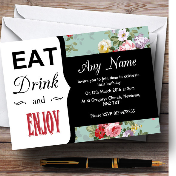 Vintage Shabby Chic Floral Eat Drink Customised Birthday Party Invitations