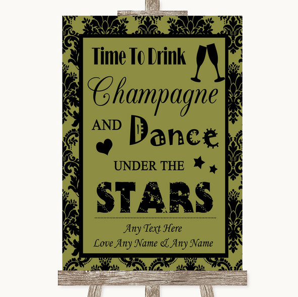 Olive Green Damask Drink Champagne Dance Stars Customised Wedding Sign