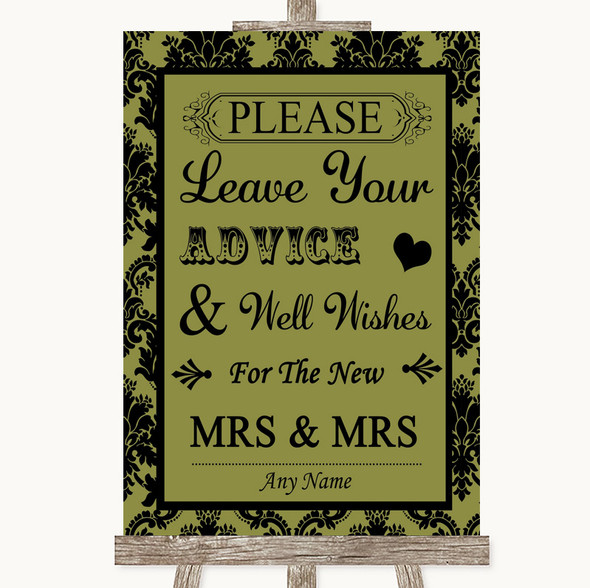 Olive Green Damask Guestbook Advice & Wishes Lesbian Customised Wedding Sign