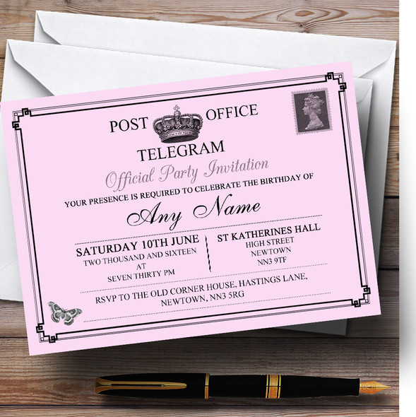 Vintage Telegram Elegant Pink Customised Birthday Party Invitations