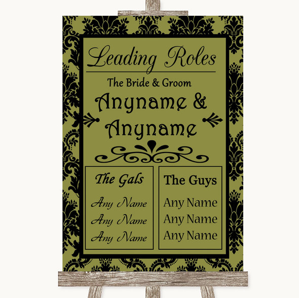 Olive Green Damask Who's Who Leading Roles Customised Wedding Sign