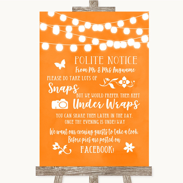 Orange Watercolour Lights Don't Post Photos Facebook Customised Wedding Sign