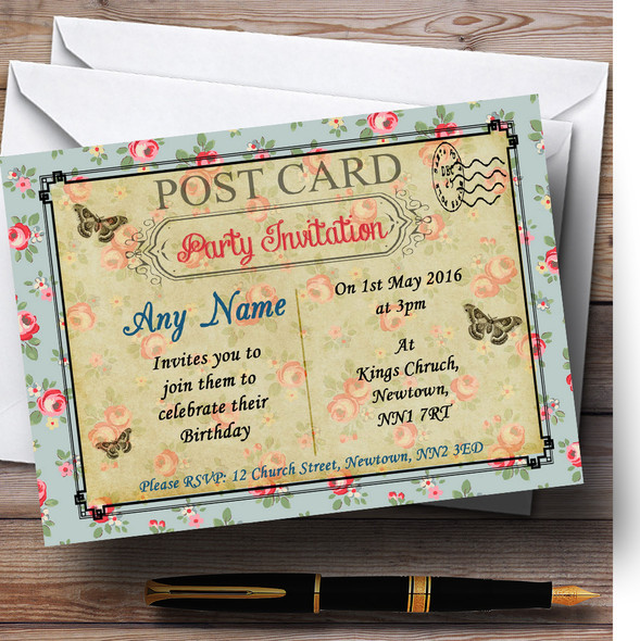 Blue Pink Floral Vintage Paris Shabby Chic Postcard Customised Birthday Party Invitations