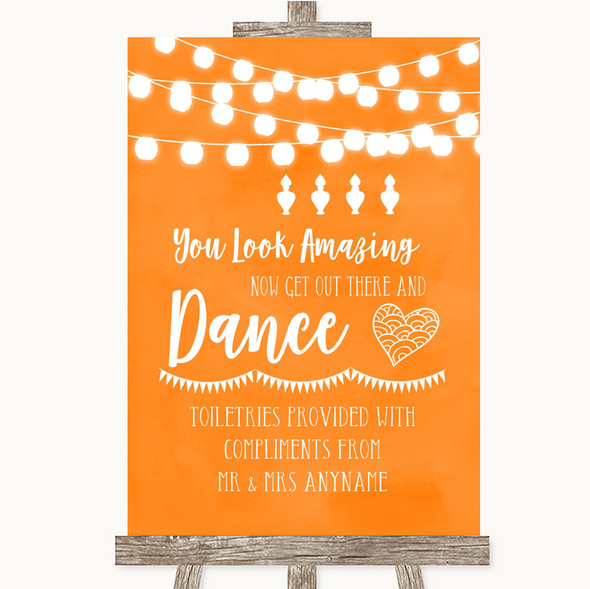 Orange Watercolour Lights Toiletries Comfort Basket Customised Wedding Sign