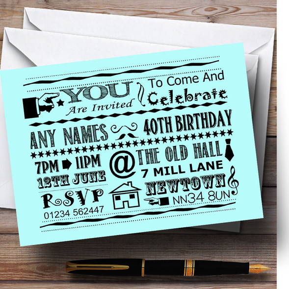 Cool Vintage Fun Chalk Typography Aqua Customised Birthday Party Invitations