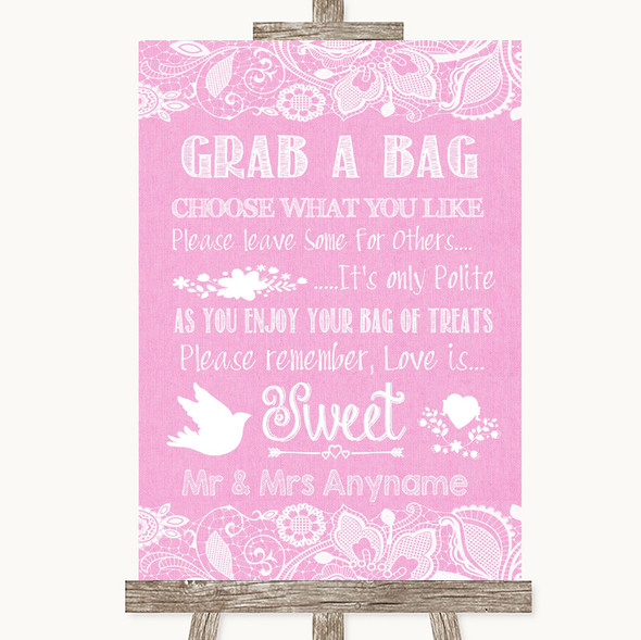 Pink Burlap & Lace Grab A Bag Candy Buffet Cart Sweets Customised Wedding Sign