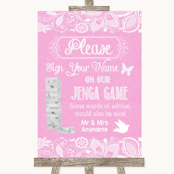 Pink Burlap & Lace Jenga Guest Book Customised Wedding Sign