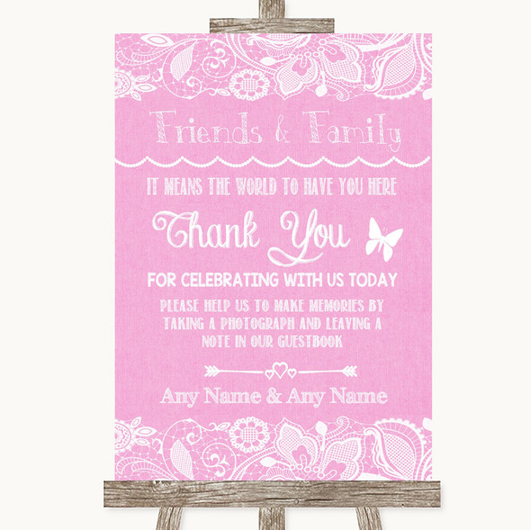 Pink Burlap & Lace Photo Guestbook Friends & Family Customised Wedding Sign