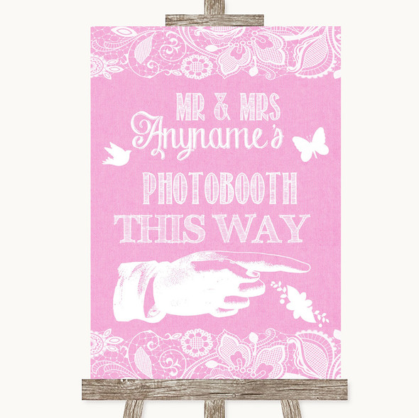 Pink Burlap & Lace Photobooth This Way Right Customised Wedding Sign