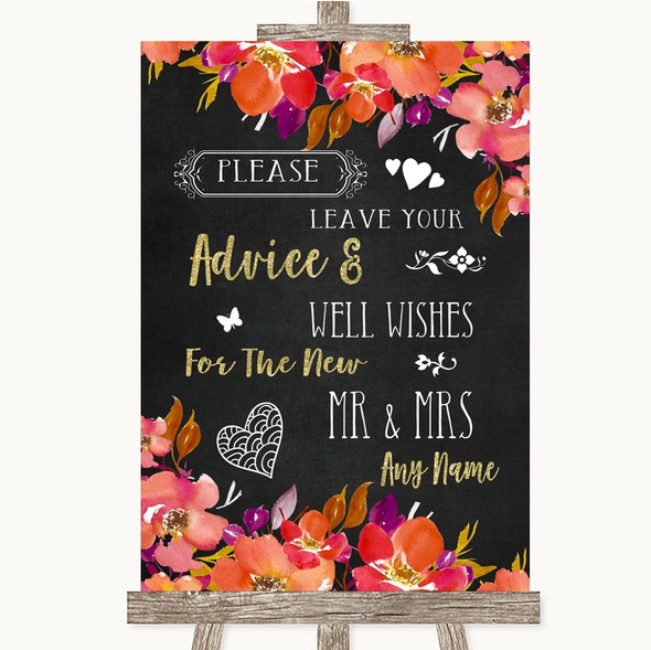 Pink Coral Orange & Purple Guestbook Advice & Wishes Mr & Mrs Wedding Sign