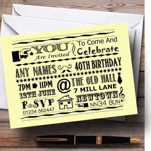 Cool Vintage Fun Chalk Typography Pale Yellow Customised Birthday Party Invitations