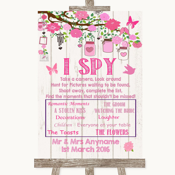 Pink Rustic Wood I Spy Disposable Camera Customised Wedding Sign