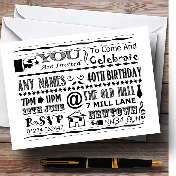Cool Vintage Fun Chalk Typography White And Black Customised Birthday Party Invitations