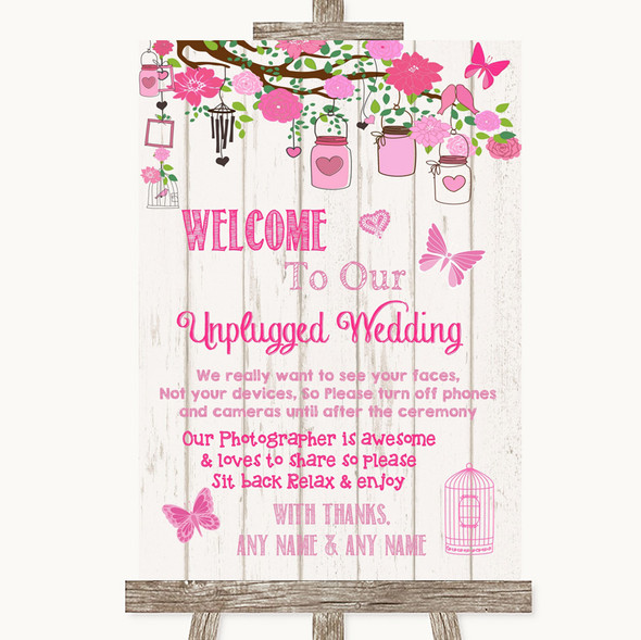 Pink Rustic Wood No Phone Camera Unplugged Customised Wedding Sign