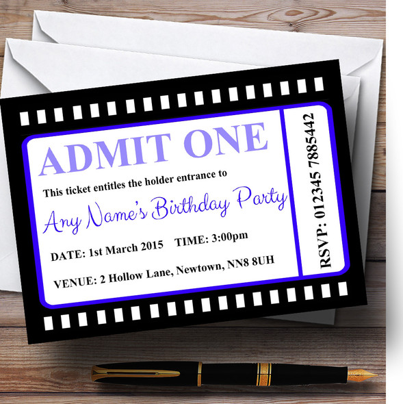 Movie Ticket Blue Customised Birthday Party Invitations