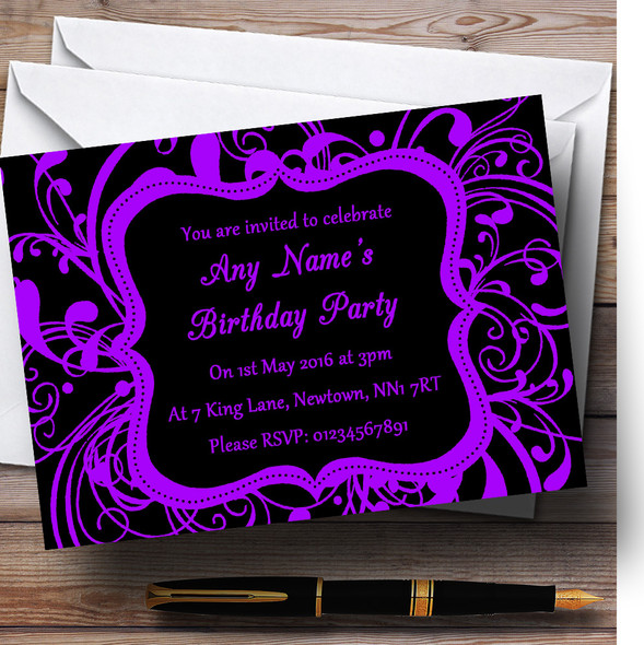Black & Purple Swirl Deco Customised Birthday Party Invitations