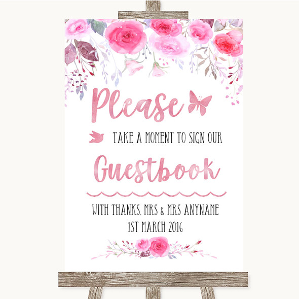 Pink Watercolour Floral Take A Moment To Sign Our Guest Book Wedding Sign