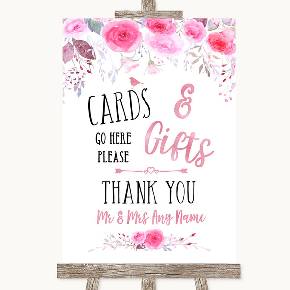 Pink Watercolour Floral Cards & Gifts Table Customised Wedding Sign