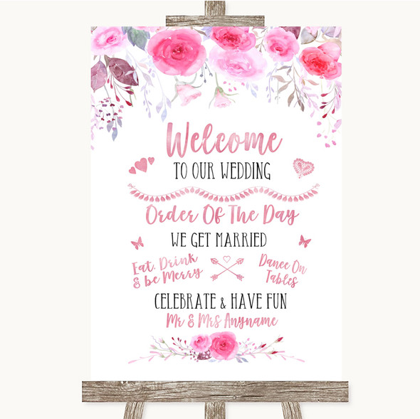 Pink Watercolour Floral Welcome Order Of The Day Customised Wedding Sign