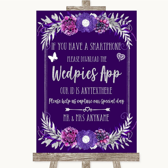 Purple & Silver Wedpics App Photos Customised Wedding Sign