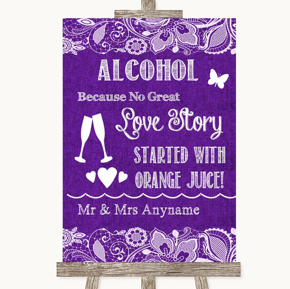 Purple Burlap & Lace Alcohol Bar Love Story Customised Wedding Sign