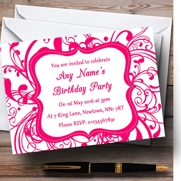 White & Pink Swirl Deco Customised Birthday Party Invitations