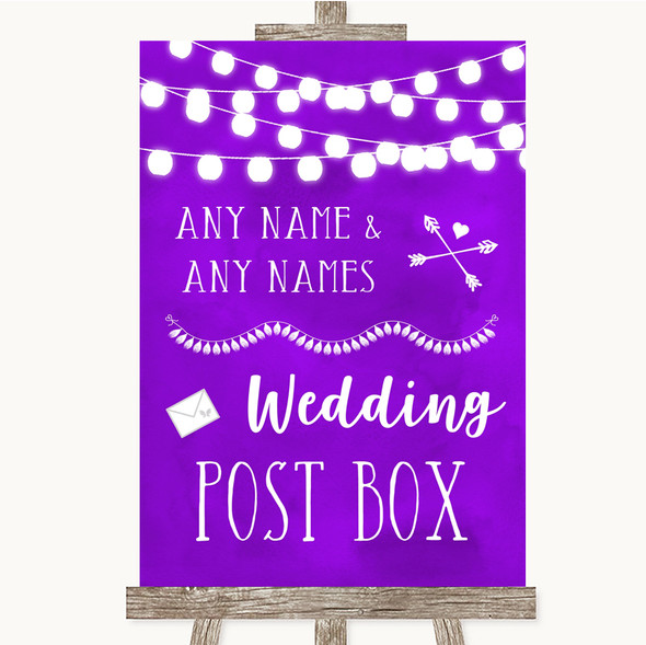 Purple Watercolour Lights Card Post Box Customised Wedding Sign