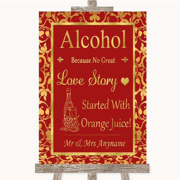 Red & Gold Alcohol Bar Love Story Customised Wedding Sign