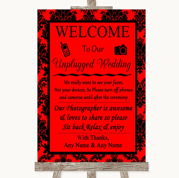 Red Damask No Phone Camera Unplugged Customised Wedding Sign