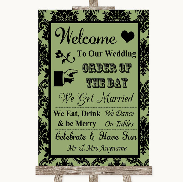 Sage Green Damask Welcome Order Of The Day Customised Wedding Sign