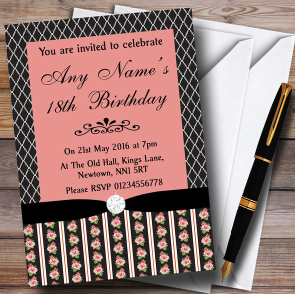 Black And Coral Pink Rose Shabby Chic Customised Birthday Party Invitations