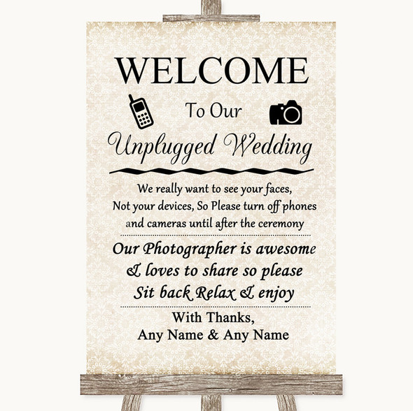 Shabby Chic Ivory No Phone Camera Unplugged Customised Wedding Sign