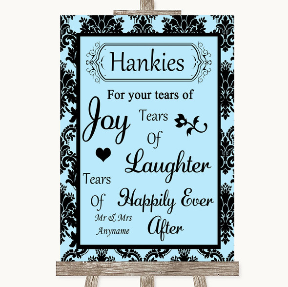 Sky Blue Damask Hankies And Tissues Customised Wedding Sign