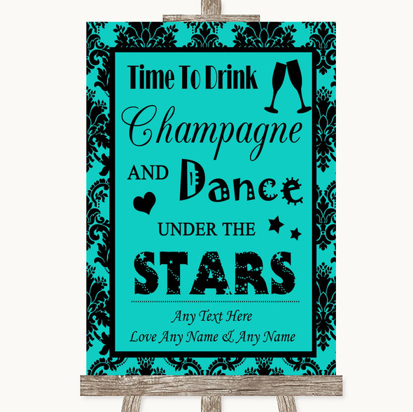 Turquoise Damask Drink Champagne Dance Stars Customised Wedding Sign