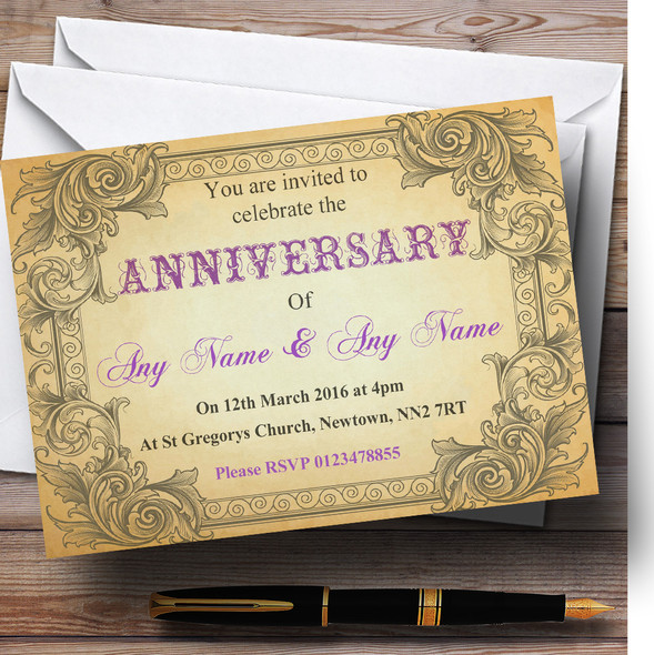Typography Vintage Purple Postcard Customised Anniversary Party Invitations