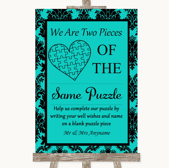 Turquoise Damask Puzzle Piece Guest Book Customised Wedding Sign