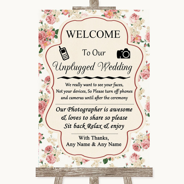 Vintage Roses No Phone Camera Unplugged Customised Wedding Sign