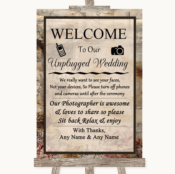 Vintage No Phone Camera Unplugged Customised Wedding Sign