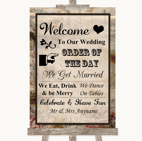 Vintage Welcome Order Of The Day Customised Wedding Sign