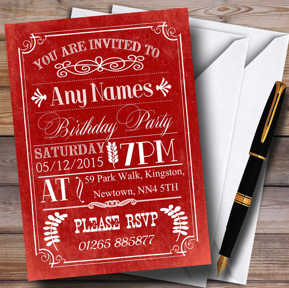 Vintage Retro Red Customised Birthday Party Invitations