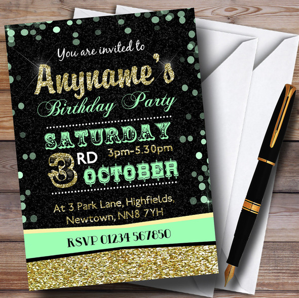 Glitter Look Mint Green And Gold Birthday Party Customised Invitations