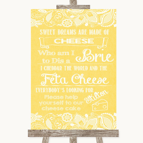 Yellow Burlap & Lace Cheesecake Cheese Song Customised Wedding Sign