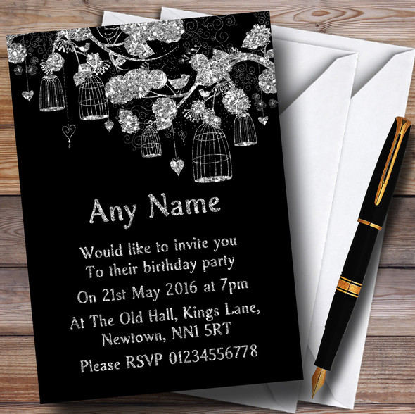 Silver And Black Vintage Birdcage Birthday Party Customised Invitations