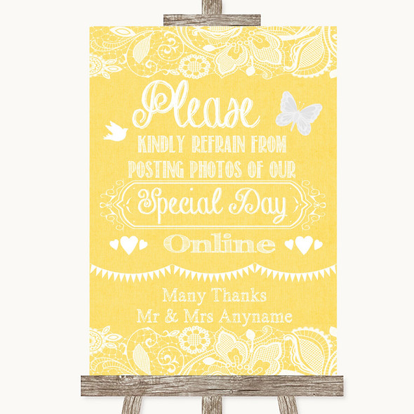 Yellow Burlap & Lace Don't Post Photos Online Social Media Wedding Sign