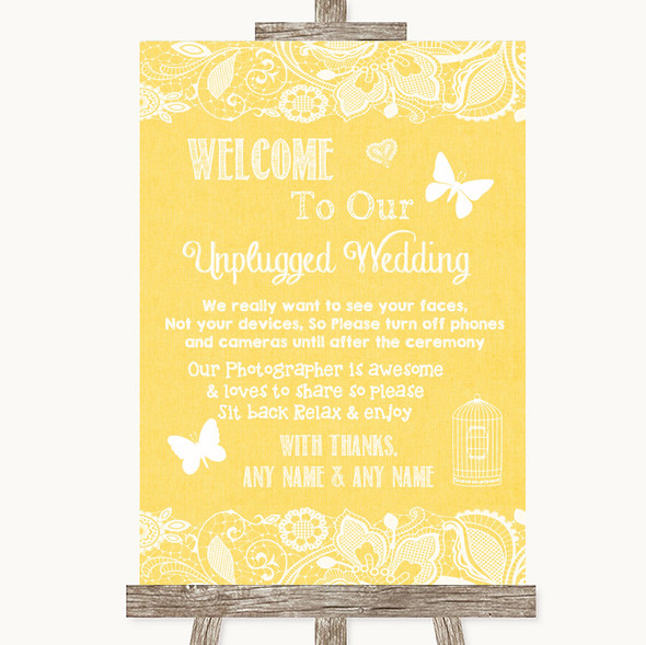Yellow Burlap & Lace No Phone Camera Unplugged Customised Wedding Sign