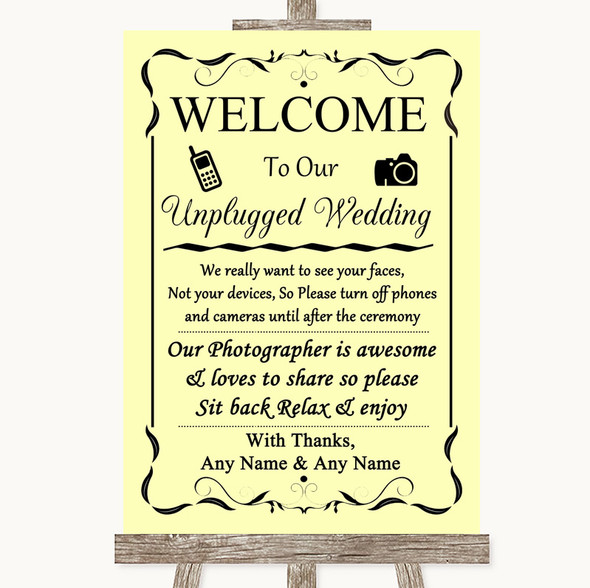 Yellow No Phone Camera Unplugged Customised Wedding Sign