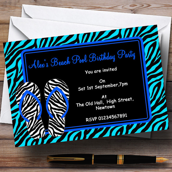 Blue Flip Flop Beach Pool Swimming Theme Customised Birthday Party Invitations