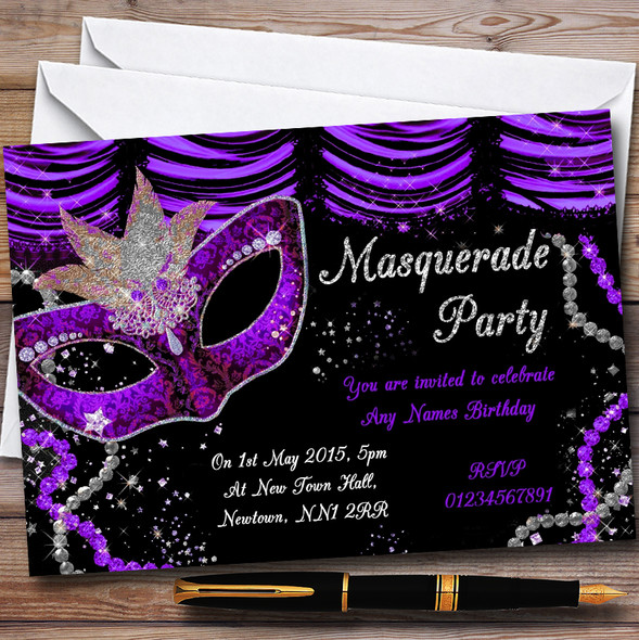 Purple & Black Mask Masquerade Ball Customised Party Invitations