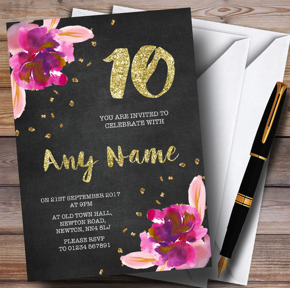 Chalk Gold Confetti Pink Flowers 10th Customised Birthday Party Invitations