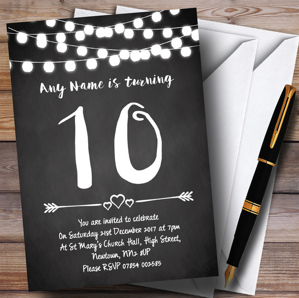 Chalk Style Lights 10th Customised Birthday Party Invitations